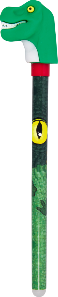 Stift mit grünem Dinosaurierkopf als Aufsatz und Schuppenmuster in Grüntönen sowie gelbem Auge auf dem Schaft.