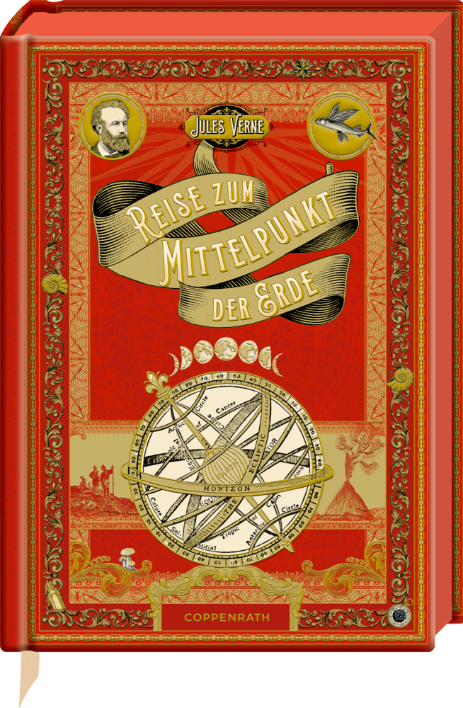 Verzierter rot-goldener Bucheinband von Jules Vernes „Reise zum Mittelpunkt der Erde“ mit einer Kompassillustration.