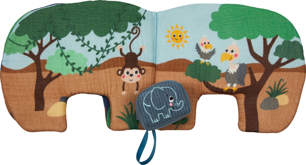 Buntes Stoffbuch mit Affe, zwei Vögeln, Bäumen, Sonne und angenähtem Elefanten-Anhänger.