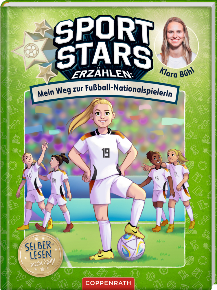 Illustriertes Cover für „Sport Stars Erzählen“ mit Fußballerinnen, mit einem Foto von Klara Bühl.