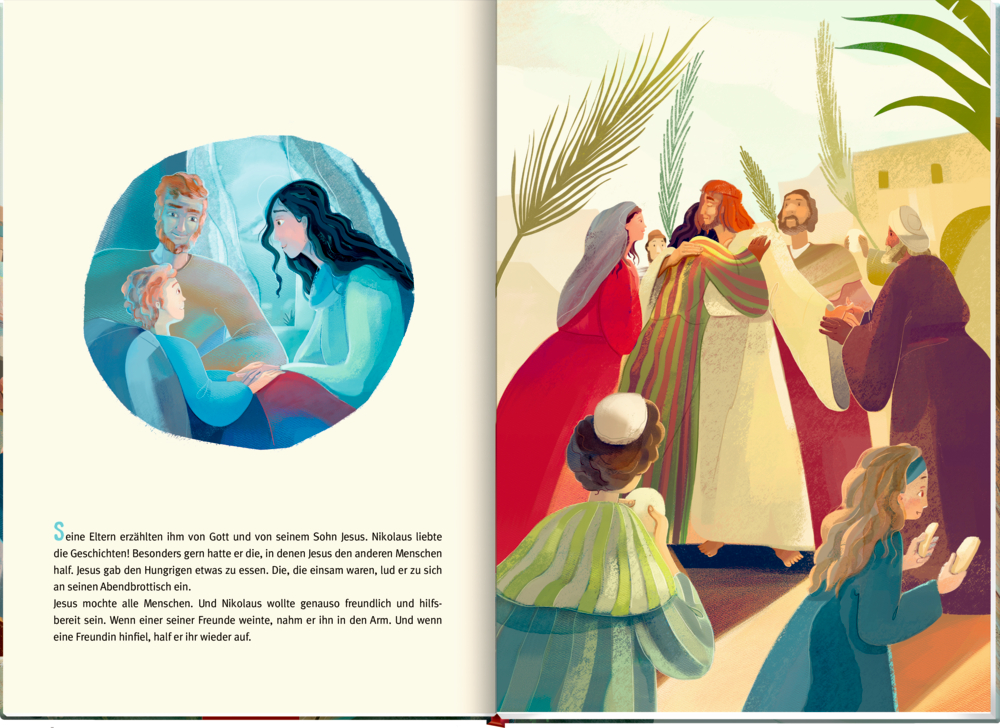 Illustration von Menschen die sich im Freien unterhalten und das Einschubbild zeigt eine Familie, die im Haus einen Jungen tröstet, auf einer Doppelseite mit Text.