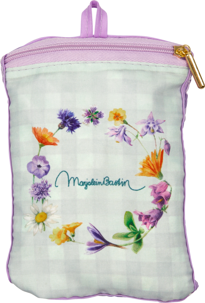 Hell karierter Beutel mit Blumen und Reißverschluss. In der Mitte steht „Marjolein Bastin“.