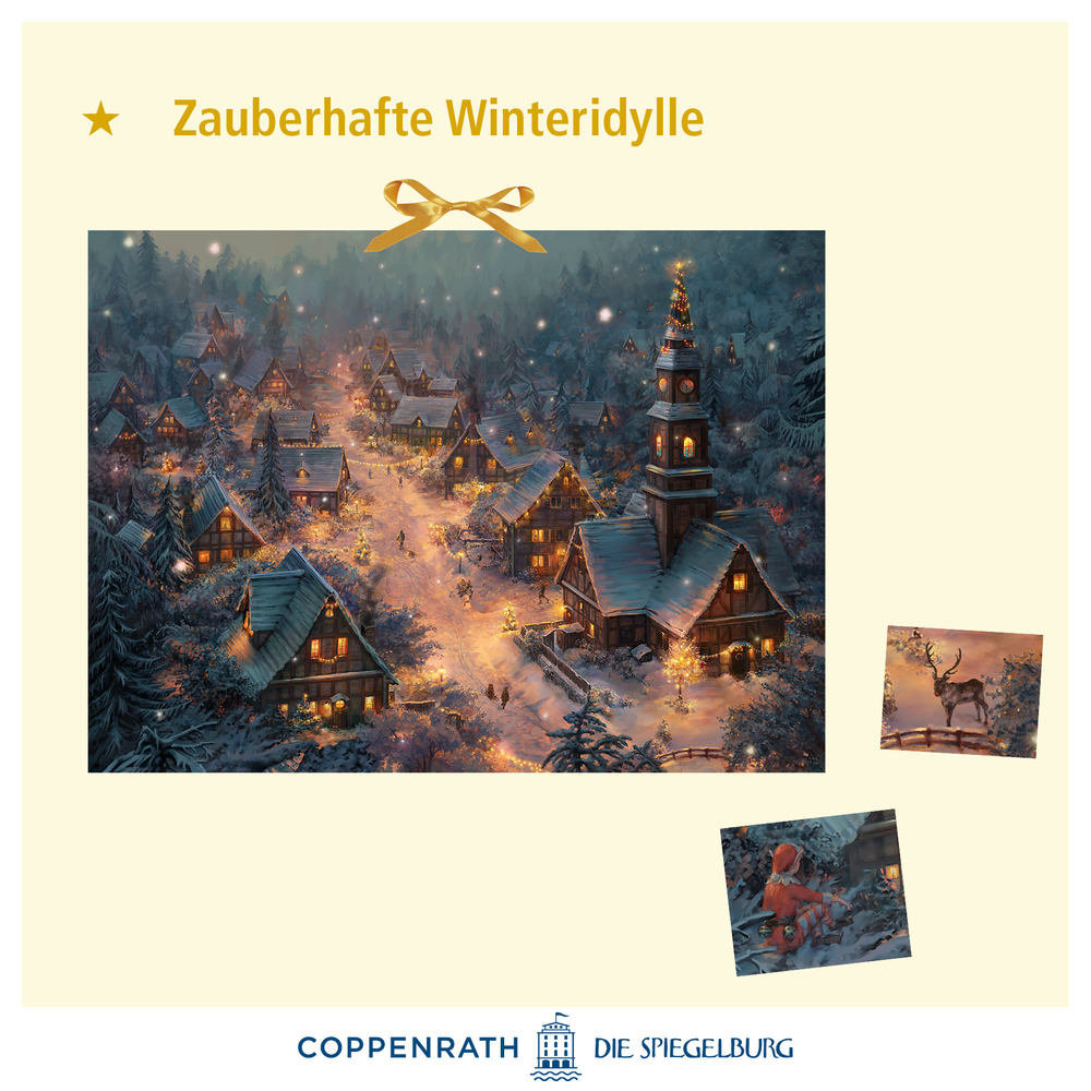 Verschneites Dorf mit beleuchteten Fachwerkhäusern und Kirche, Personen auf Straßen zwischen Tannenbäumen.