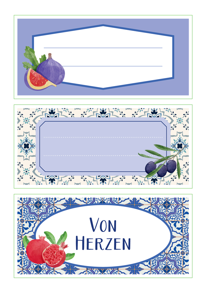 Drei dekorative Etiketten – Feigen, Oliven, Granatäpfel – mit blauem Kachelmuster und dem Text „Von Herzen“ oder Platz zum Beschriften.