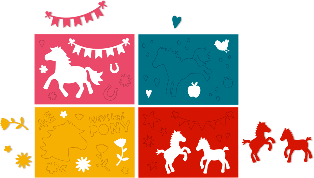 Bunte Quadranten mit verspielten, ausgeschnittenen Pony-Silhouetten, Blumen, Herzen, Bannern und Sternen.