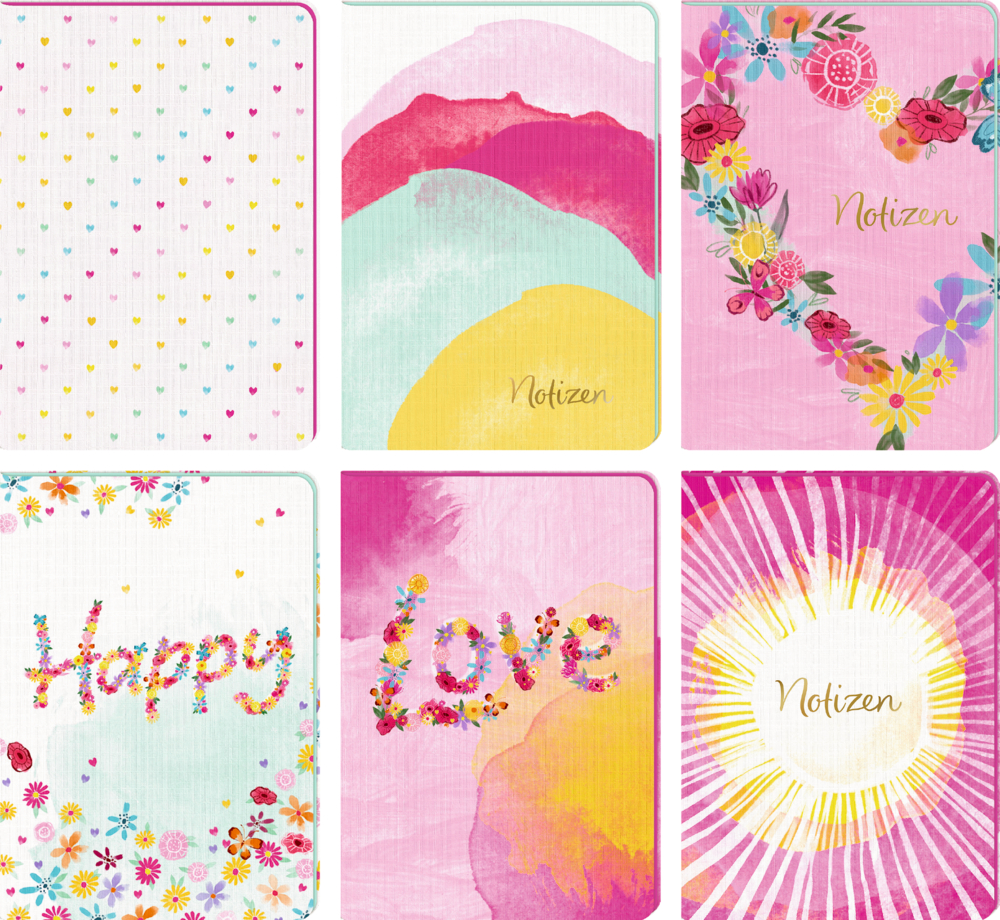 Sechs bunte Notizbücher mit Blumen-, Herz- und Aquarell-Mustern, teilweise mit Notizen, Happy und Love auf dem Cover.