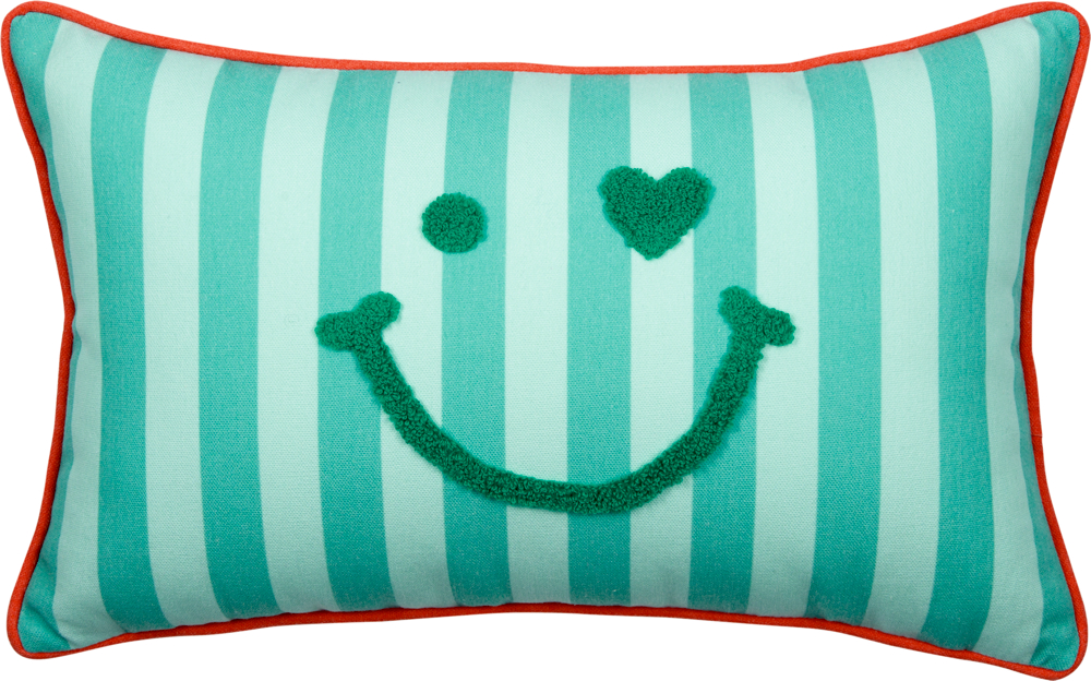 Rechteckiges Kissen mit roterfarbener Umrandung und türkis-helltürkisenen Streifen, grünem Happy Face aus einer punch needle Stickerei mit Herz als Auge.
