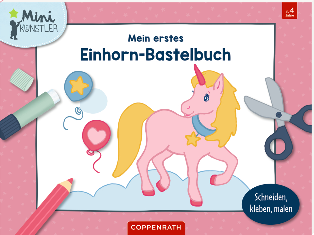 Rosa Einhorn-Buchumschlag zum Basteln mit einem Einhorn, Luftballons, Bleistift, Kleber und Schere auf rosa Hintergrund.