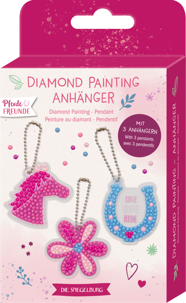 Verpackung mit drei Diamond-Painting-Anhängern in Form von Pferdekopf, Blume und Hufeisen in Rosa, Blau und Pink.