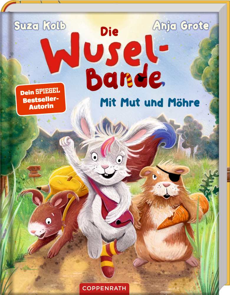 Buchcover: Drei Tierfiguren, ein Kaninchen, ein Eichhörnchen und ein Hamster mit Augenklappe, laufen fröhlich auf einem Waldweg.