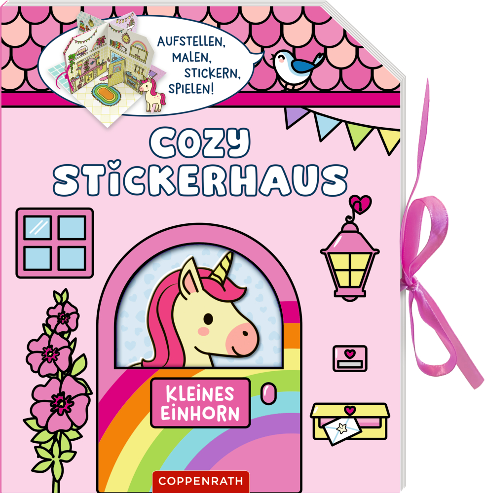 Rosa Cover eines aufstellbaren Stickerhauses mit Einhorn an einer Regenbogentür, Blumen und  pinker Schleife am Rand.
