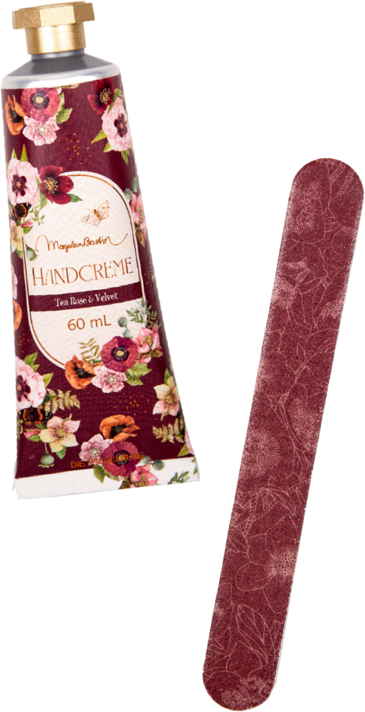 Dunkelrote Cremetube mit Blumenmuster und eine weinrote Nagelfeile.