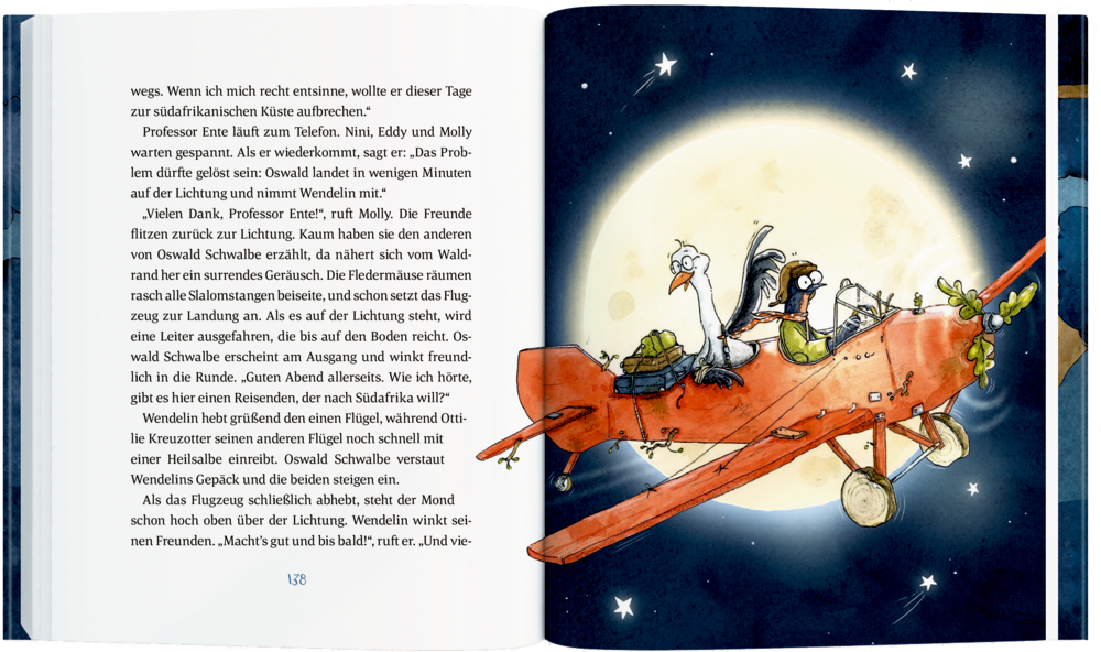 Zwei Vögel fliegen ein rotes Flugzeug bei Nacht, Mond und Sterne im Hintergrund.