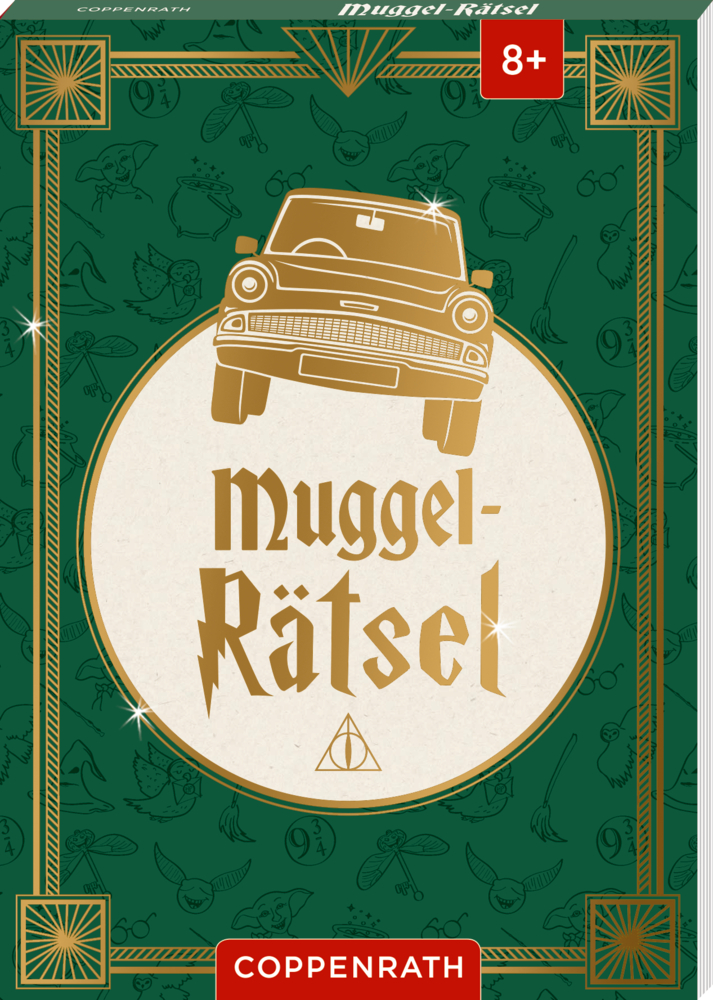 Grünes Buchcover mit goldener Autoillustration, der Aufschrift „Muggel-Rätsel“ und goldenen Symbolen auf gemustertem Hintergrund.