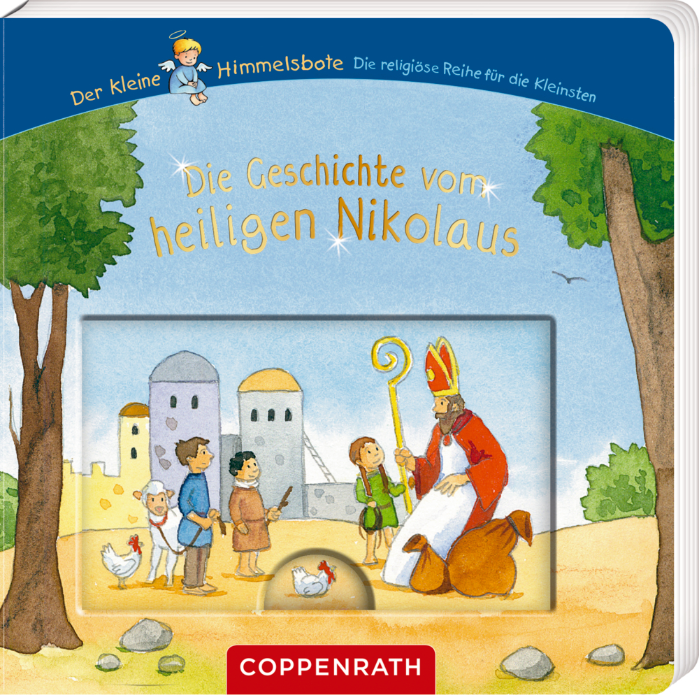 Cover von "Die Geschichten des heiligen Nikolaus". Der heilige Nikolaus verteilt im Freien Geschenke an Kinder. Im Hintergrund sind ein Dorf und Bäume zu sehen, Schieber rausgezogen.