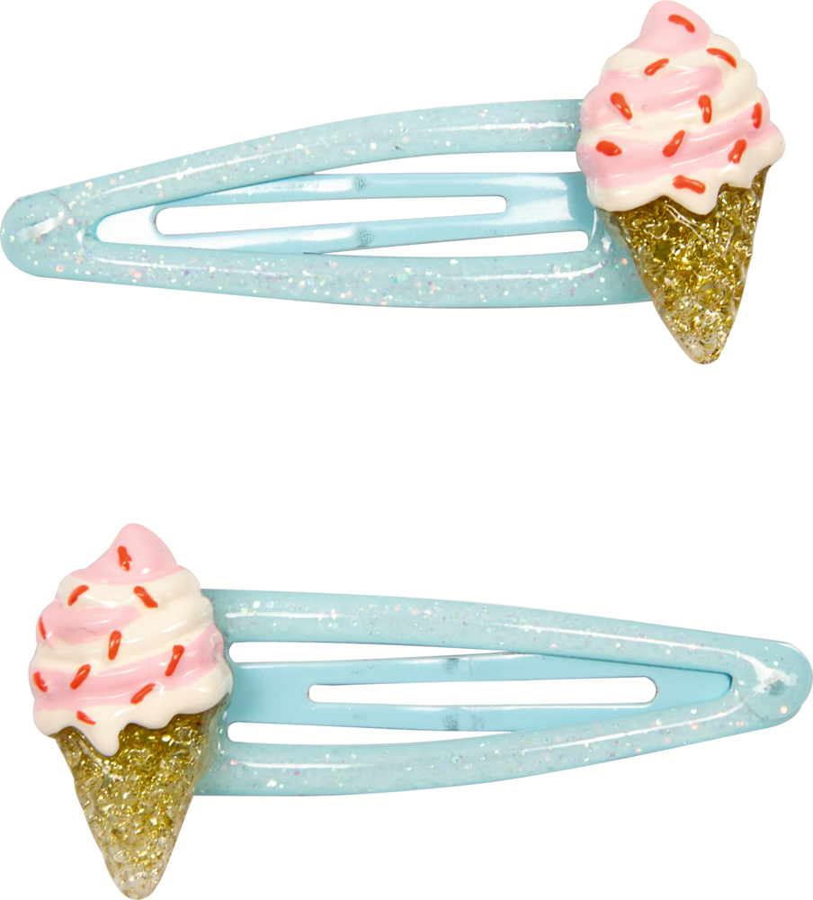 Zwei blaue glitzernde Haarklammern mit Eiscreme-Motiv und rosa Streuseln.