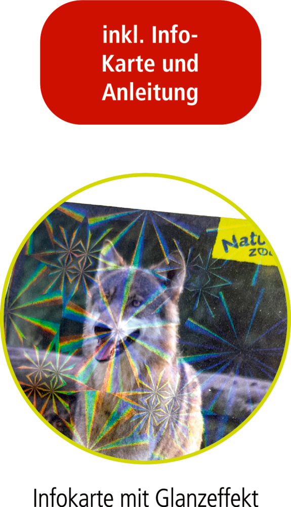 Runder Ausschnitt einer Infokarte mit holografischem Glanzeffekt und Abbildung eines Wolfes, darüber roter Textblock "inkl. Info-Karte und Anleitung".