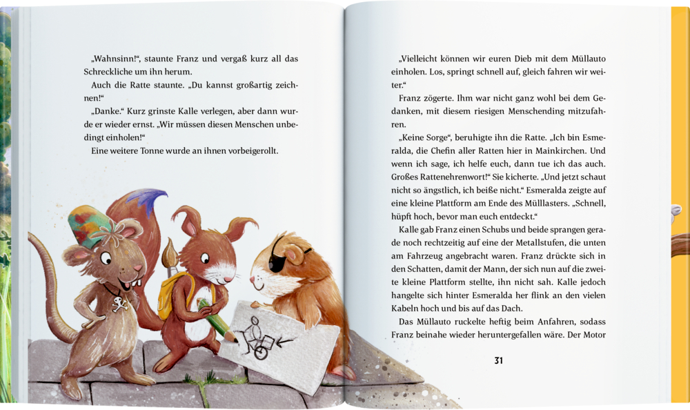 Drei gezeichnete Tiere, darunter eine Ratte, ein Eichhörnchen und ein Meerschweinchen, betrachten gemeinsam einen Plan mit einer Zeichnung.