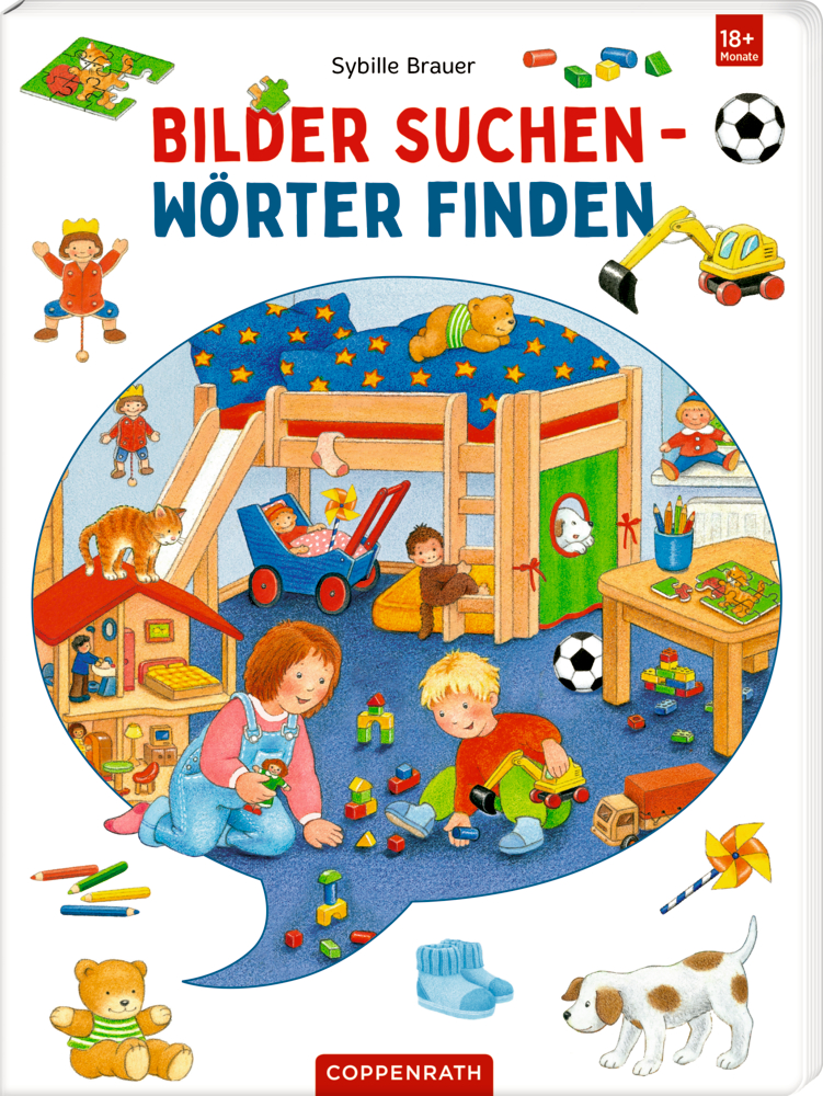 Kinder spielen in einem farbenfrohen Spielzimmer mit Spielzeug, einer Rutsche und Tieren, auf dem Cover von "Bilder suchen -Wörter finden".