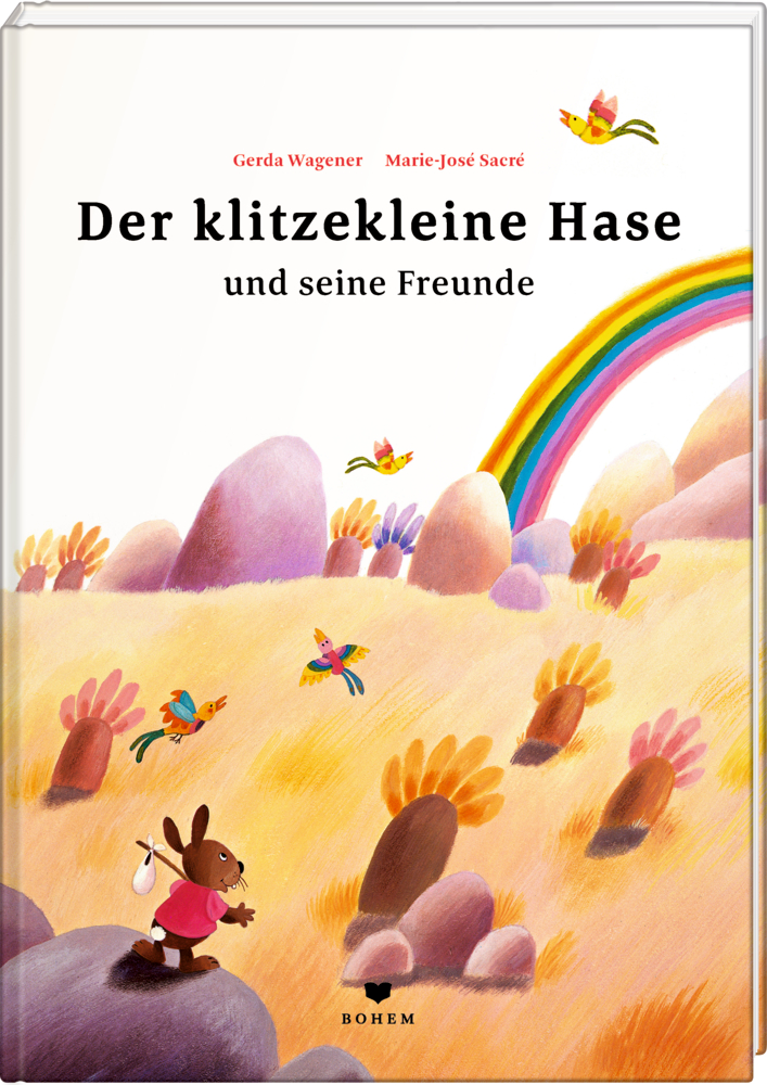 Ein kleines braunes Kaninchen läuft durch ein buntes Feld mit Vögeln, Hügeln und einem Regenbogen.