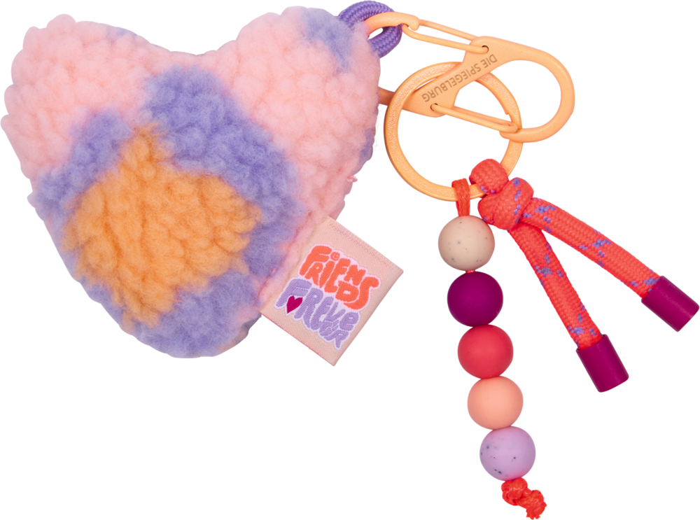 Herzförmiger, flauschiger Anhänger in Rosa, Lila und Orange mit Karabiner, bunten Perlen und orangener Kordel.