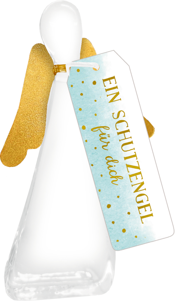 Engelsfigur aus Glas mit goldenen Flügeln und einem Etikett mit der Aufschrift „Ein Schutzengel für dich“ auf Deutsch.