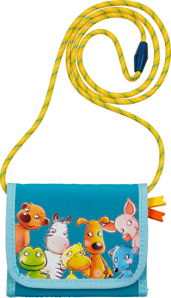 Blauer Kinderbrustbeutel mit gelbem Riemen und sechs Comic-Tierfiguren auf der Vorderklappe.