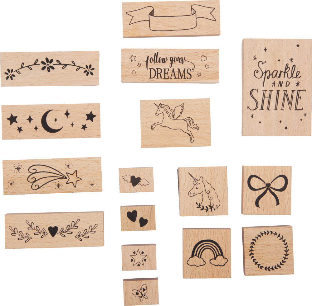 Set aus Holzstempeln mit Motiven wie Einhorn, Herz, Stern, Regenbogen, Schleife, Banner und Texten.