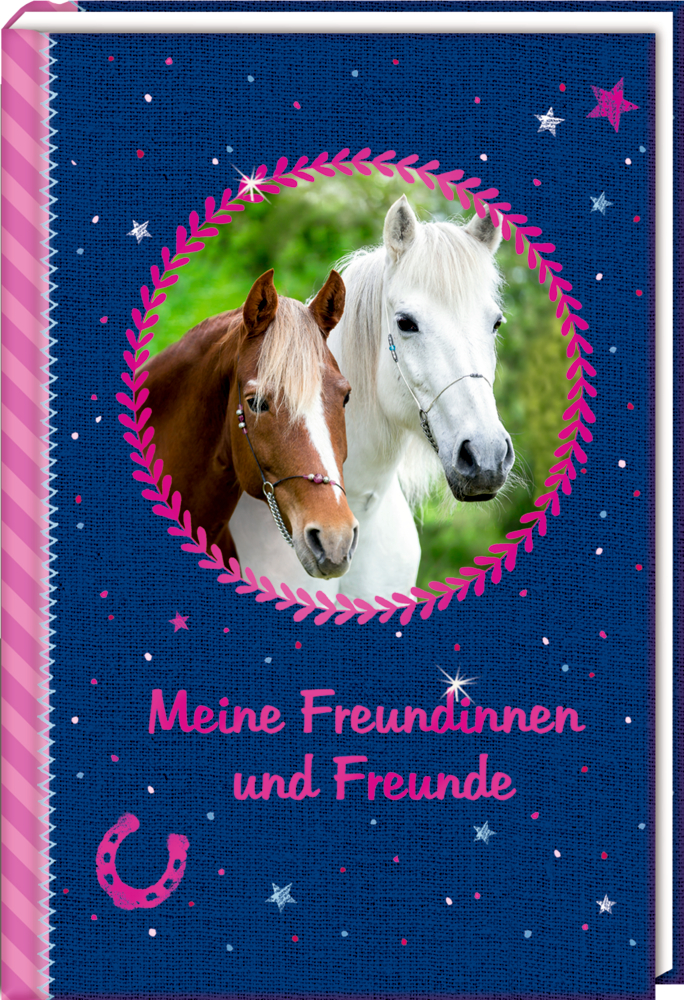 Zwei Pferde, ein braunes und ein weißes, umrahmt von einem rosa Kranz auf blauem Sternenhintergrund mit  Text.