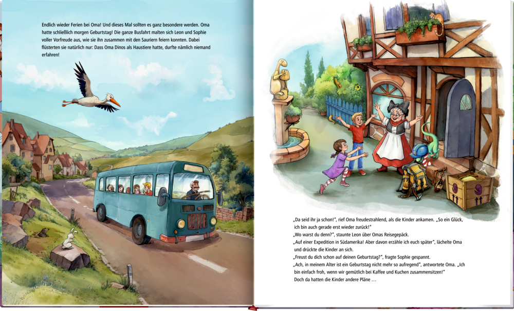 Ein blauer Bus fährt durchs Dorf, Kinder begrüßen eine alte Frau vor dem Haus, auf einer Doppelseite mit Text.