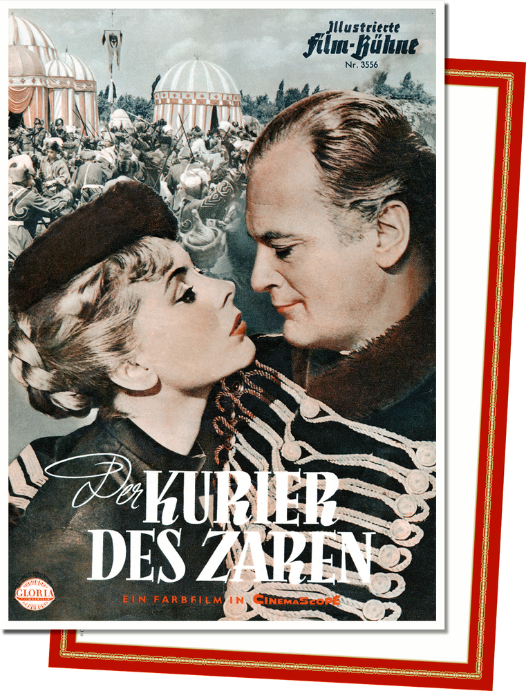 Retro-Foto eines Mannes und einer Frau in Uniformen kurz vorm Kuss, im Hintergrund Zelte und Reiter in Uniformen.