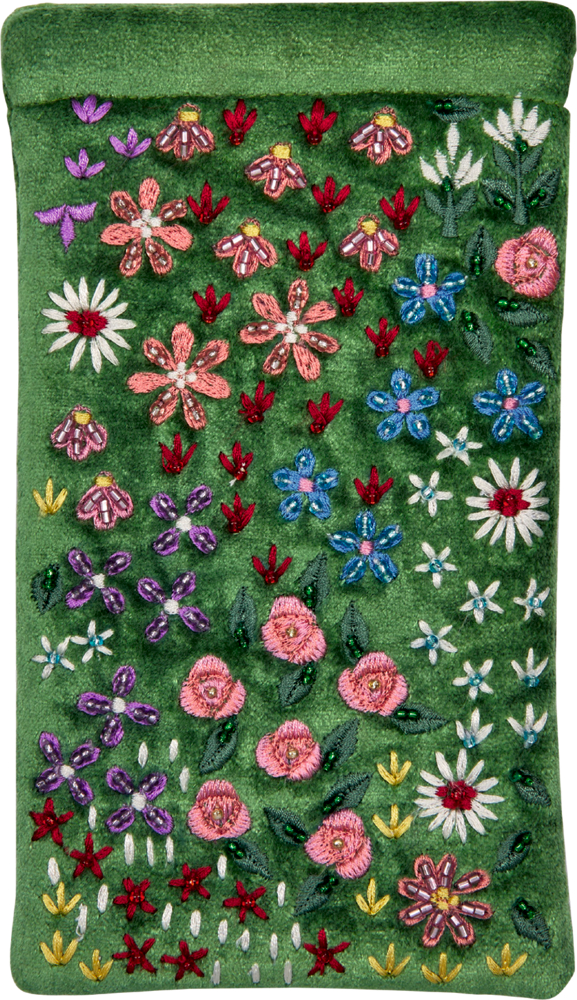 Grünes Brillenetui mit bunter Blumenstickerei.