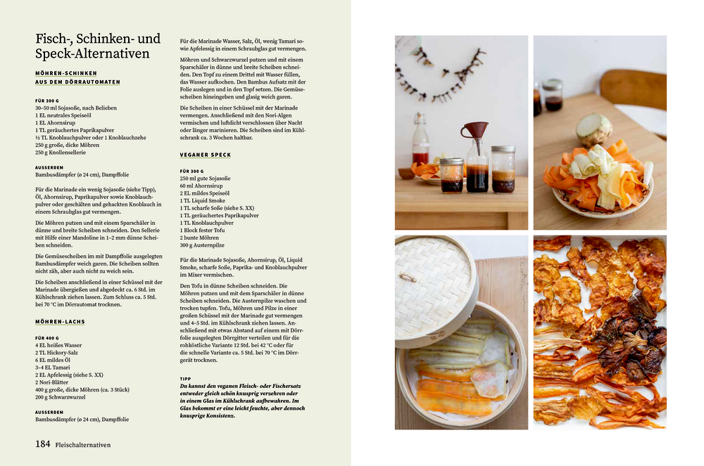 Rezeptseite: Text links, 4 Bilder von pflanzlichen Fleischalternativen rechts.
