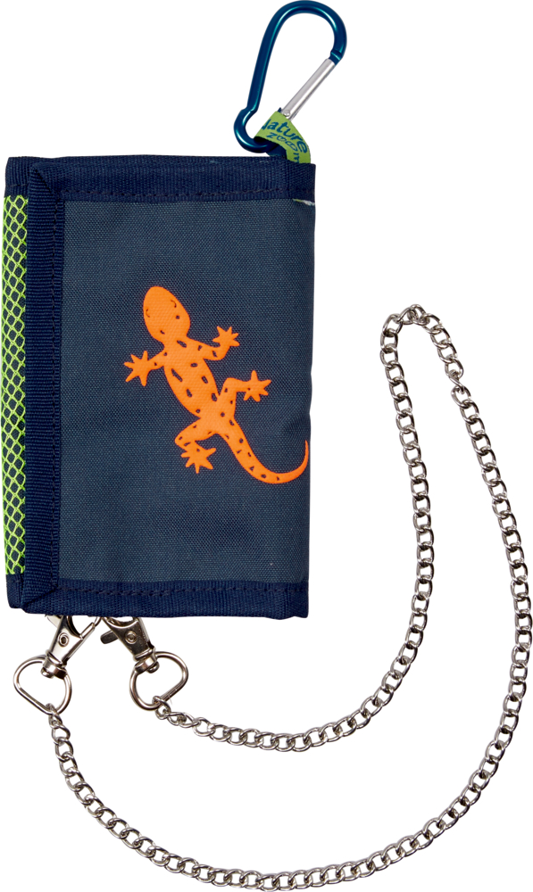 Blaue Geldbörse mit orangefarbenem Eidechsendesign, Metallkette und befestigtem blauen Karabiner.