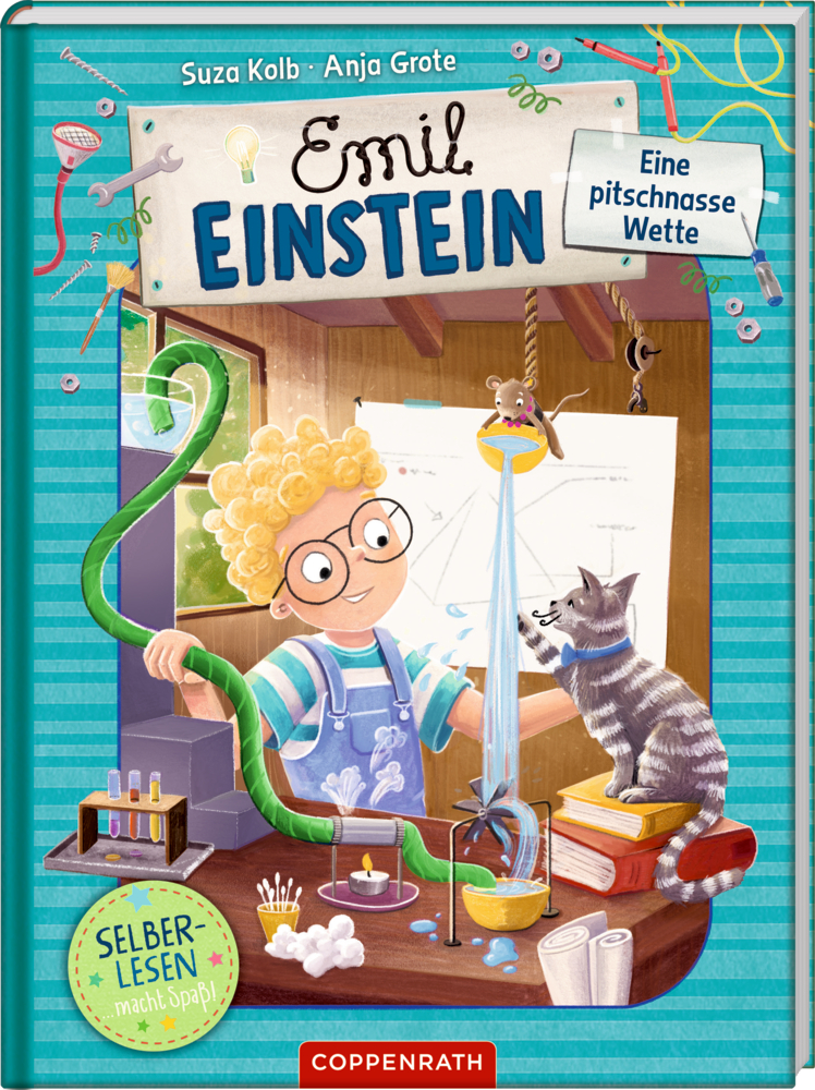 Buchcover mit gezeichnetem Jungen in Latzhose, der mit einem Wasserschlauch experimentiert, neben ihm sitzt eine graue Katze.