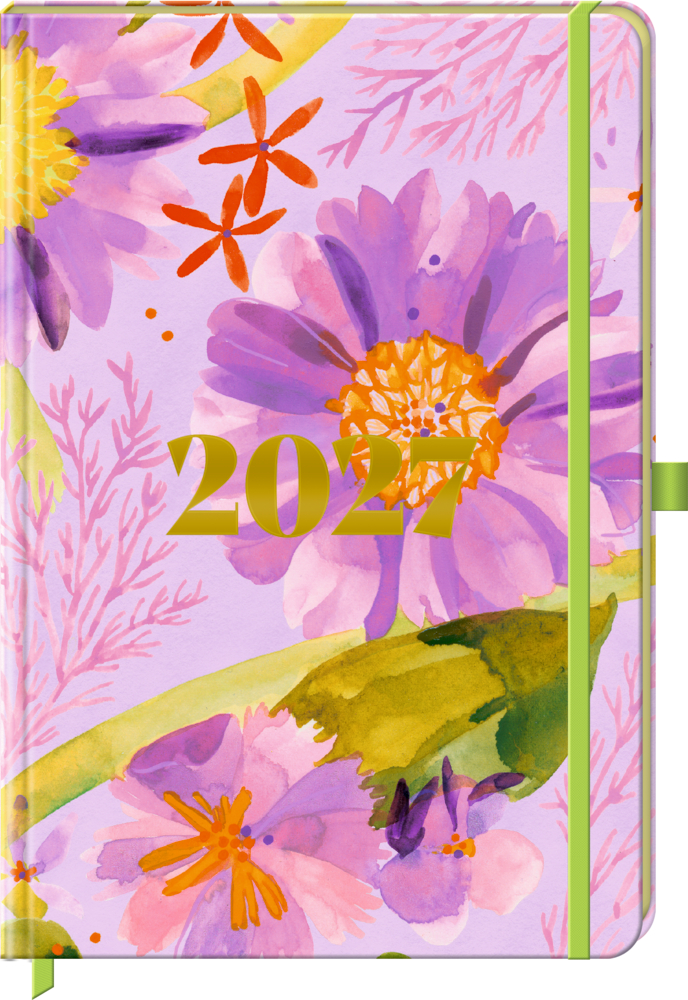 2027 Planer mit buntem, geblümtem Aquarellcover und grünem Gummiband.