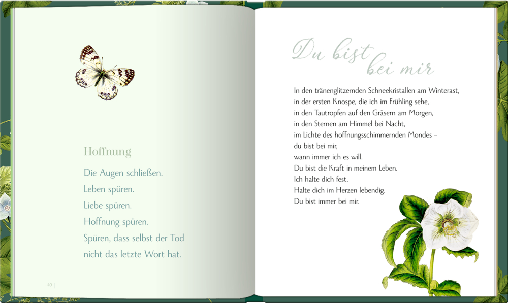 Offenes Buch mit Text, Schmetterling und weißer Blume auf grünem Blumenhintergrund.