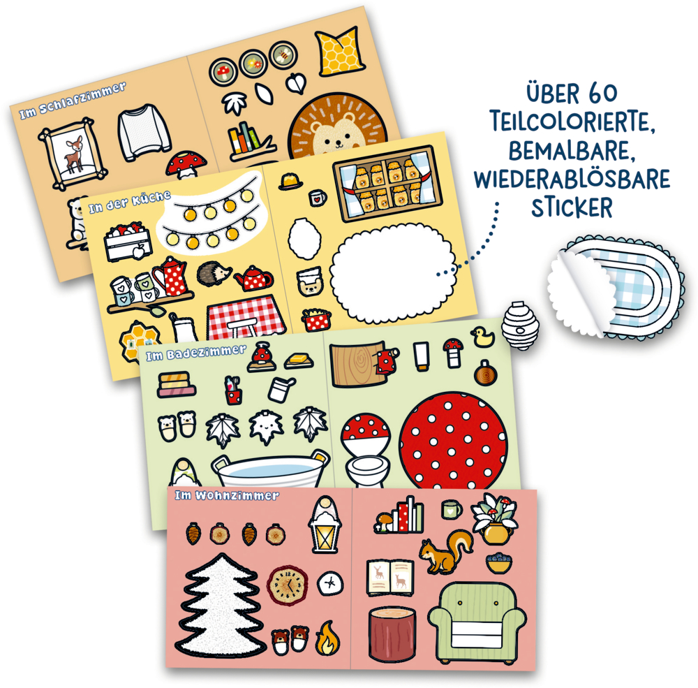 Vier Stickerbögen mit farbigen Motiven zu Schlafzimmer, Küche, Badezimmer und Wohnzimmer, teils bemalbar und wiederablösbar.