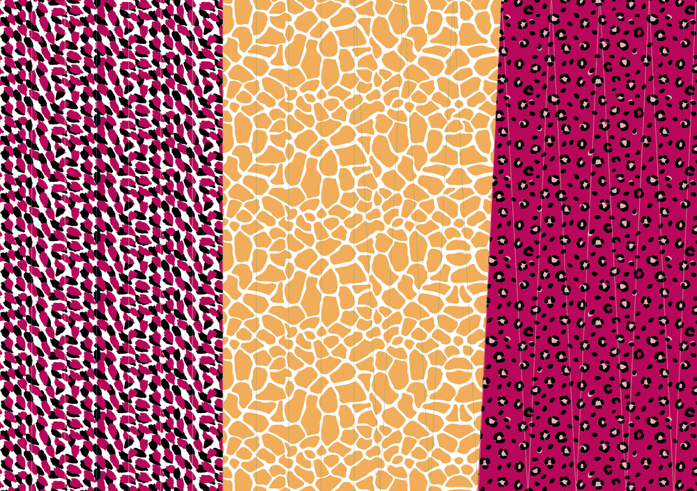 Drei verschiedene Tiermuster: Rosa/Schwarz, Hellbraun/Weiß und Rosa mit schwarzen Punkten.