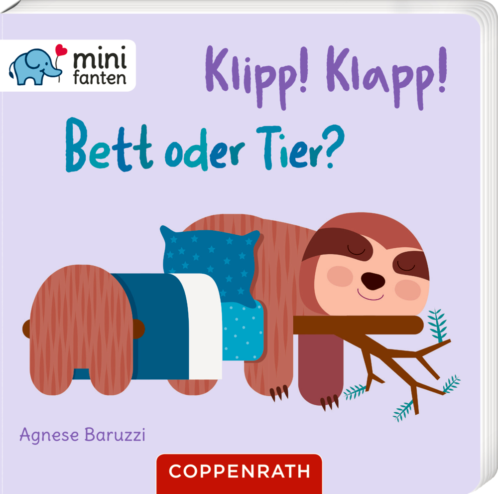 Auf einem Buchcover ist ein Faultier abgebildet, das auf einem Ast neben einem Bett mit Kissen und Decke schläft.