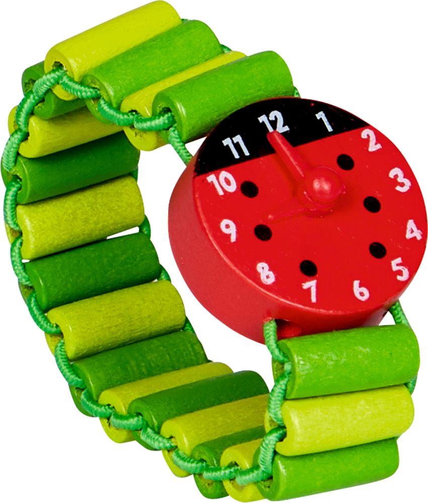 Bunte Spielzeuguhr mit rot-schwarzem Zifferblatt und einem Armband aus grünen.