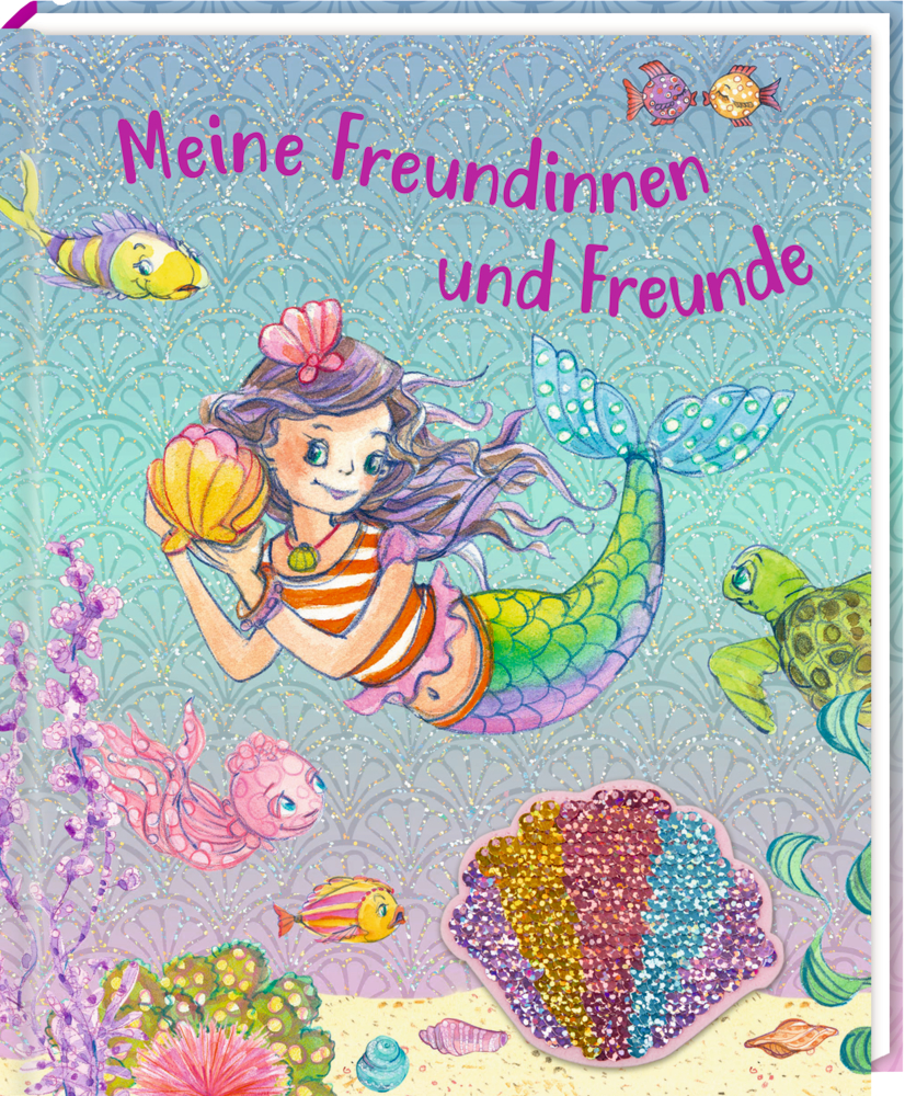 Meerjungfrau mit Muschel, umgeben von Meerestieren; Deutscher Text: Meine Freundinnen und Freunde.
