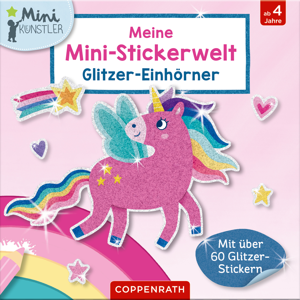 Rosafarbenes Einhorn mit Flügeln und Regenbogenmähne auf einem glitzernden rosa Stickerbuch-Cover.