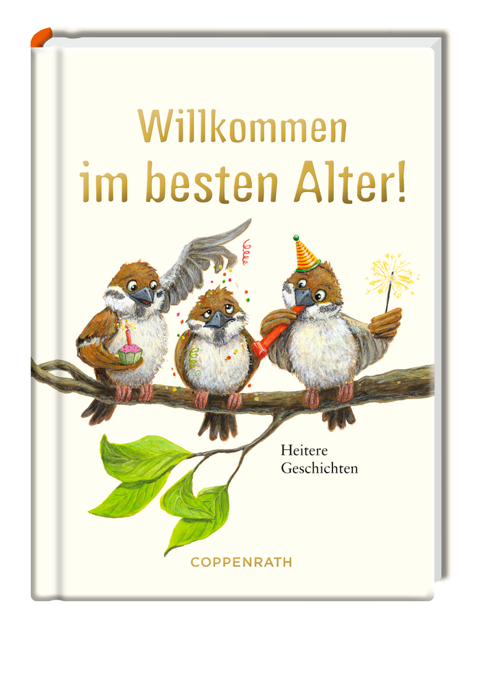Buchcover mit drei Spatzen mit Partyhüten und Konfetti, die auf einem Zweig sitzen.