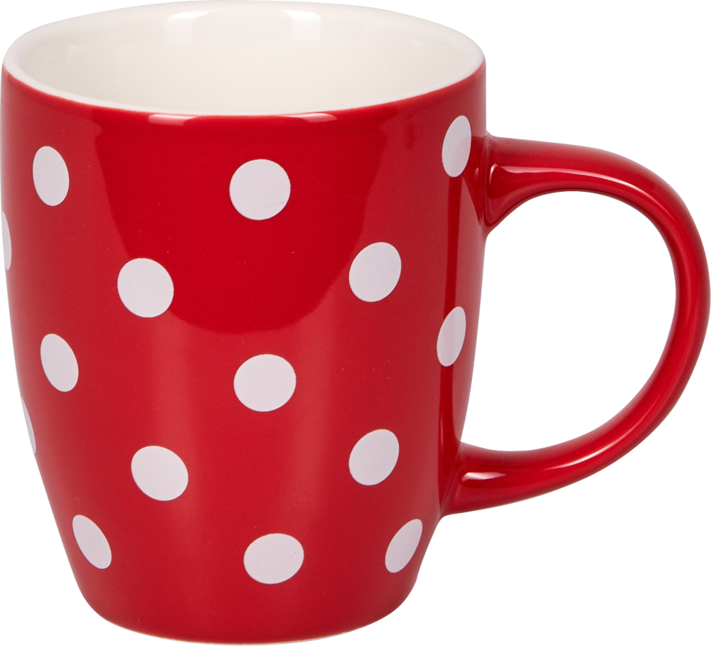 Rote Keramiktasse mit weißen Punkten vor einem schlichten weißen Hintergrund.