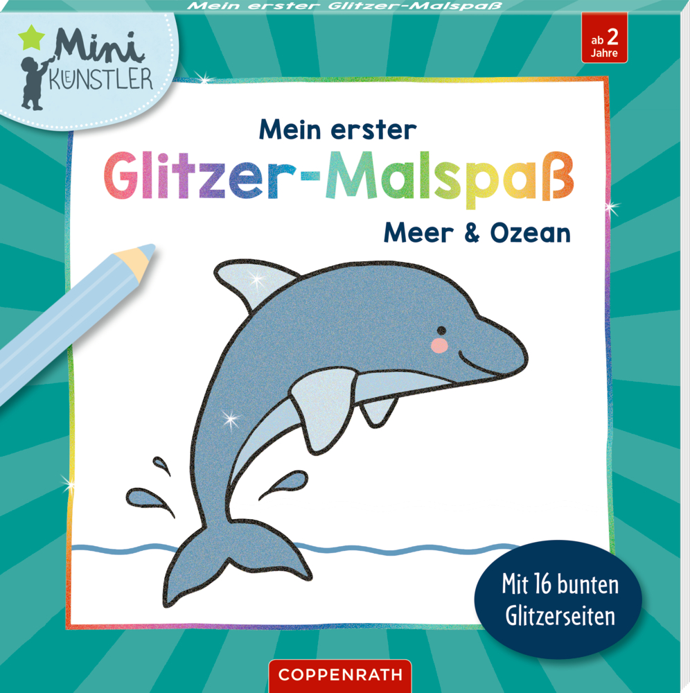 Malblock mit gezeichnetem springendem Delfin und blauer Umrandung, Titeltext in bunten Buchstaben..