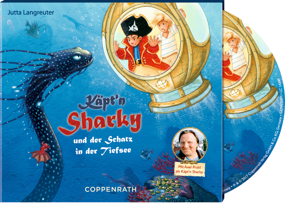 Käptn Sharky und der Schatz im Tiefsee: U-Boot mit Kindern drinnen, Seeungeheuer draußen. Illustration des Buchcovers.