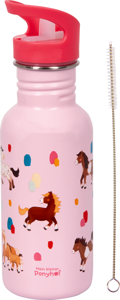 Rosa Wasserflasche mit Ponyillustrationen, pinkem Deckel und mitgelieferter Reinigungsbürste mit Metallgriff.