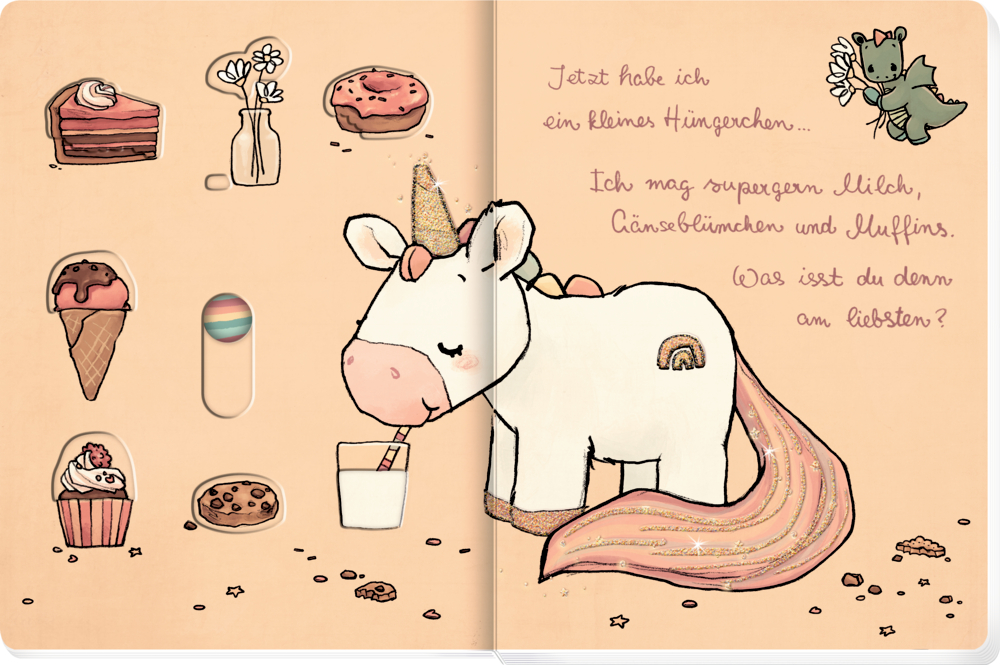 Gezeichnetes Einhorn, das Milch mit einem Strohhalm trinkt sowie verschiedenen Lebensmitteln, die über einen Schieber sichtbar werden. Z.B. Eis, Muffin oder Kekse.
