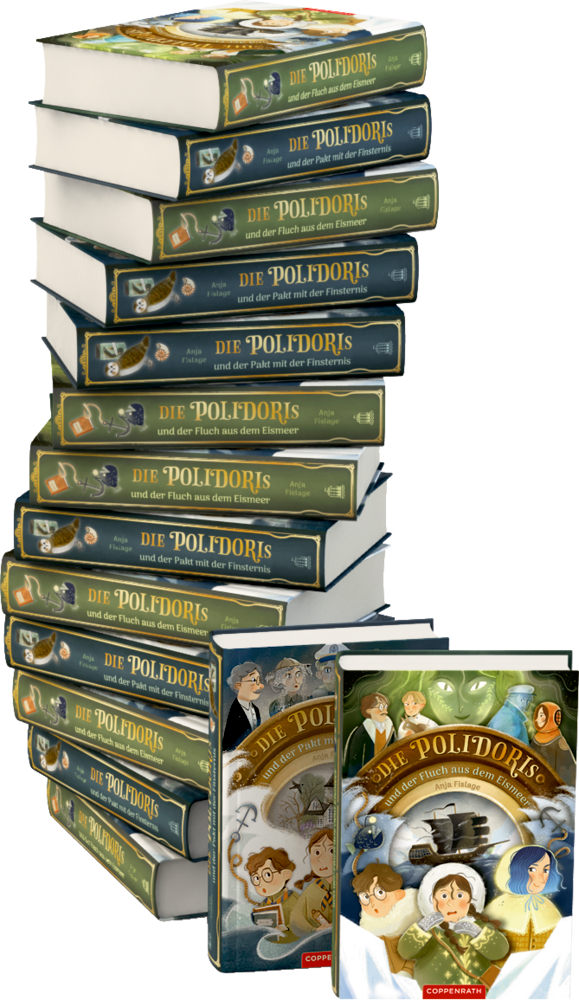 Ein hoher Stapel farbenfroher, illustrierter  „Die Polidoris“-Bücher, vorn ein Buch ausgestellt.
